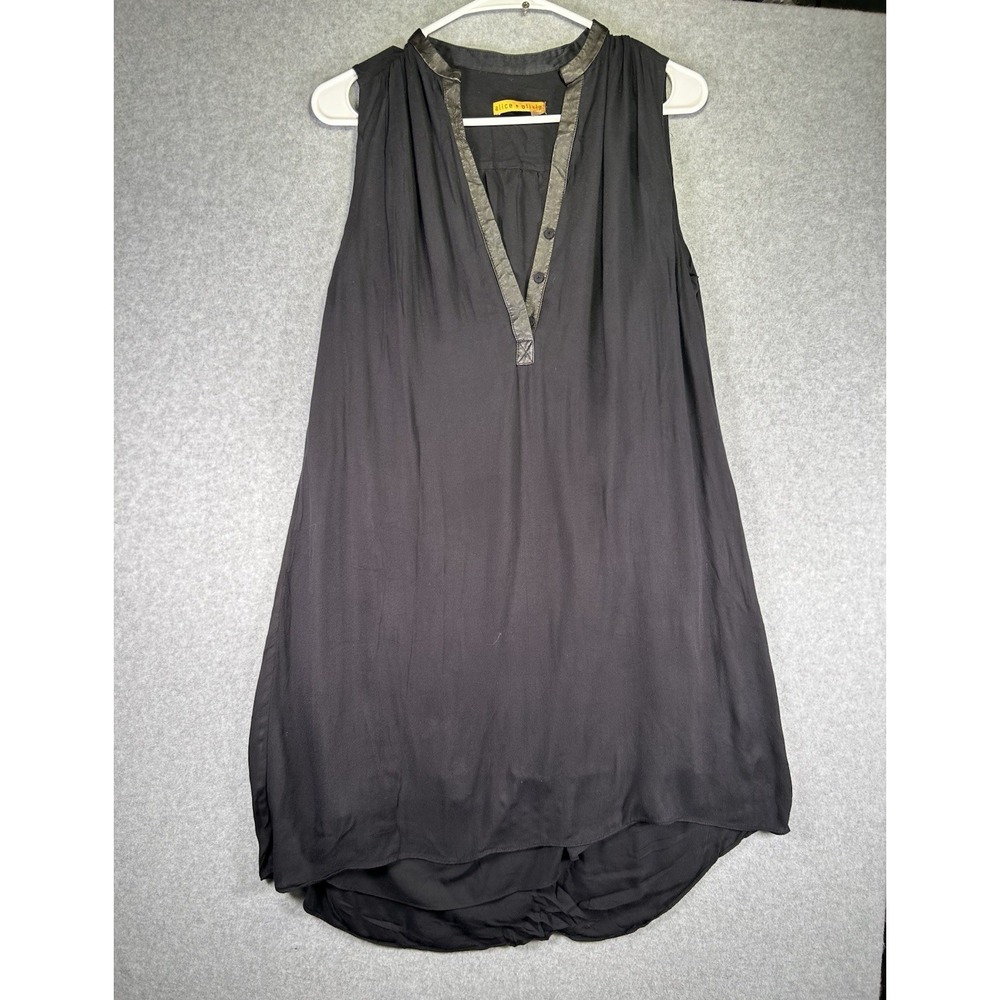 alice + olivia Blouse Top Women Black Sleeveless V-Neck Tunic Chiffon Leather